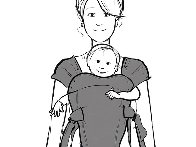 Illustration of woman carrying baby facing fowards in Izmi Baby Carrier